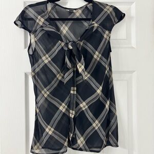 Worthington Black and Cream Plaid Tie-Front Blouse